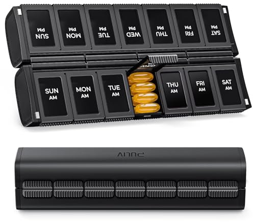 PULIV Weekly Pill Organizer 2 Times a Day with Magnetic Foldable Design for Dual Protection, Large AM PM Pill Box Case for Travel, Compact Medication Organizer for Vitamins, Fish Oils and Supplements