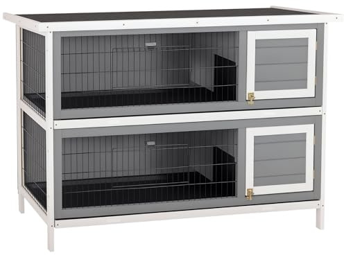 PawHut Hasenstall Kaninchenstall aus Holz mit 2 Etagen Asphaltdach Bodenwanne 136,4 x 50 x 93 cm Winterfest Kleintierstall mit Türen Kaninchenkäfig für Kleintiere Kaninchen Indoor Outdoor Grau+Weiß