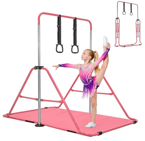 BREEZENEST Foldable Kids Gymnastics Bar Set with Mat & Rings, 4-Level Adjustable Height (89-129cm), Stable Triangular Frame, Home Gym Gear for Boys & Girls 3-12 (PInk)