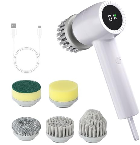 JTF Spazzola Elettrica Rotante per Pulizia 5 in 1 per Cucina Piatti Piastrelle Bagno,Spazzola Rotante Pulizia Casa con 5 Spazzole,2 Velocità,Schermo a LED (Bianco)
