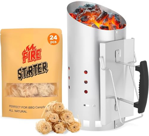 Large Bbq Charcoal Chimney Starter - Quick Lighting 24 Natural Wood Wool Fire Starters For Grilling - 38cm Height Coal Starter For Perfect Barbecue 880 Pcs