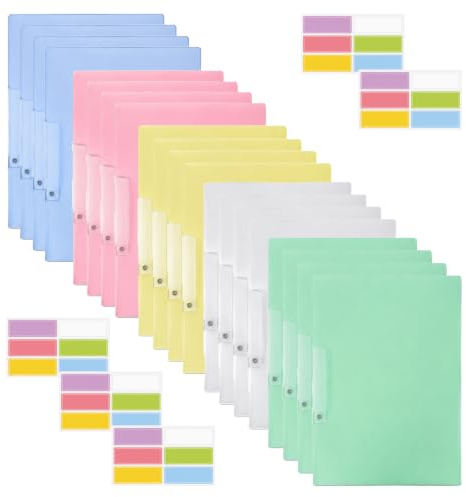Bofanze 20 stycken klämmapp A4 transparent häftapparat plast färgglada filmappar transparent dokumentmapp för arkivering med 5 klistermärken för livsförteckningar, kontrakt, kontrolldokument