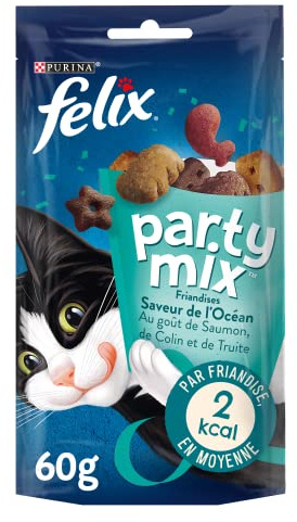 Felix | Party Mix | Friandises pour Chat Adulte | Riches en protéines, vitamines, acides Gras et oméga 6 | Saveur de l'Océan au goût irrésistible : Au Saumon, Colin, Truite | Sac | Lot de 8 x 60g