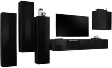 PRICE FACTORY just for you Ensemble Meubles Salon Switch III – Noir Brillant – Meuble TV et rangements Suspendus Design