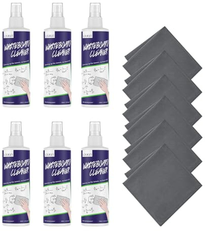 LOUKIN Nettoyant Tableau Blanc Non Toxique avec Chiffons 6 x 250 ml | Certifié AP, Conforme REACH, Formule Douce, Faible Odeur, Nettoyage Efficace, Idéal pour Salles de Classe & Bureaux