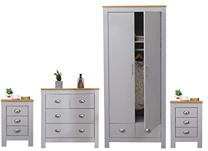 Kingwudo® Grey Bedroom Furniture 4 Piece Set(3 Drawer Night Stand*2/2+2 Drawer Chest/2 Door 2 DrawerWardrobe) Modern Simple,40x35x58cm/79x35x81cm/79x49.5x180cm