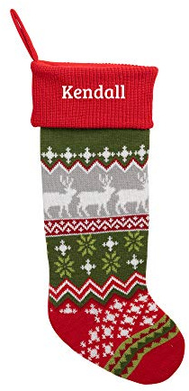 Personalized Planet Fair Isle Knit Christmas Stocking with Custom Name Embroidery | Red Cuff with Deer and Geometric Patterns | Fun Festive Christmas Home Décor | Ready to Hang