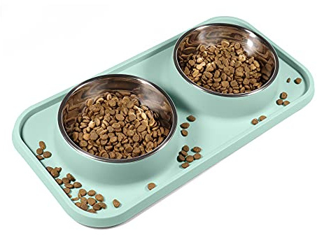 L.D.Dog Cat Food Bowls, Cat Bowls Non-Skid and Non-Spill Silicone Mats with Stand, Removable Stainless Steel Food and Water Dishes for Cats, Small Size Dogs (Aquamarine)