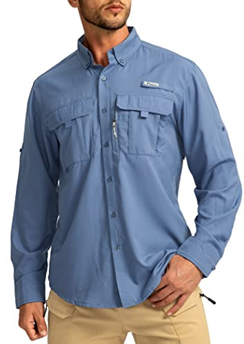 Men's Sun Protection Fishing Shirts Long Sleeve Travel Work Shirts for Men UPF50+ Button Down Shirts with Zipper Pockets(Mallard Blue Large)
