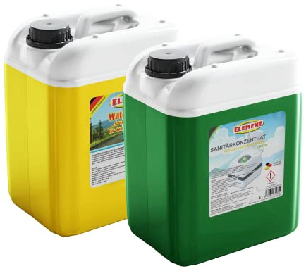 Sanitetsvätskeset 2 x 5 liter grön & vattensköljning för campingtoaletter för färsk- och avloppstank, kemiska toaletter, tillsats camping, toalett, sköljvattentank, sanitetskoncentrat campingtoalett, avloppstank