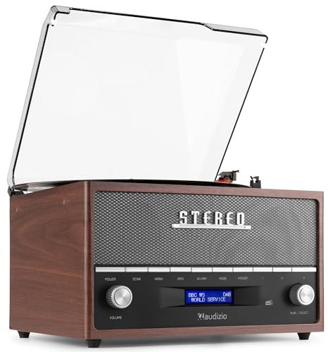 Audizio Frisco Platine Vinyle Bluetooth avec Radio Dab+ Intégrée - Marron, Radio Dab+ et FM avec Haut-Parleur Intégré, 33, 45, 78 Tours, Idéale pour écouter Vos vinyles préférés