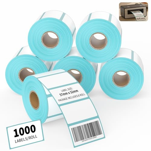NefLaca 6 Roll 6000 Self Adhesive Label Sticker 57mm x 32mm Address Labels Blank Roll Rectangle Label Write On Note Mark Catering Food Jars Sticky Stickers for Office Kitchen Printer