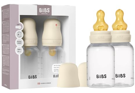 BIBS Baby Bottle 150 ml Natural Rubber Latex Nipple 2 Pack - Anti-Colic, BPA-Free, Round Nipple, Slow Flow, Lightweight & Easy to Clean, Suitable for Newborns 0+ Years - Ivory