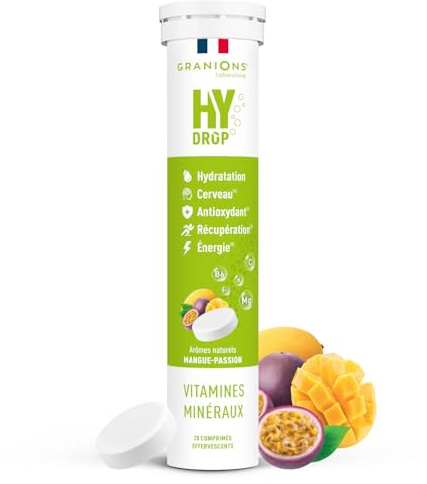 GRANIONS HYDROP - Pastilles Hydratation - Mangue/Passion - SANS SUCRES - Fabriqué en France - Electrolytes - Vitamines, Minéraux, Magnesium - Pastille Hydratation - 20 Pastilles Effervescentes