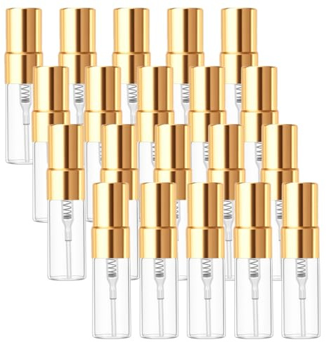 KFHENSOMR Travel Spray Bottles 20 Pack 3ml Fine Mist Empty Spray Bottles Mini Perfume Atomizer Glass Bottle Clear Refillable Perfume Bottle with Gold Lids for Fragrance Scent Liquid Sample DIY Sprays