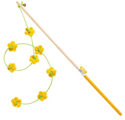 AlluraPet Interactive Cat Toy Teaser Bar with Bell, Floral Design Wooden Teasing Pole for Jumping Kittens, 19.69 Inch Lightweight Handy Play Rod- Yellow
