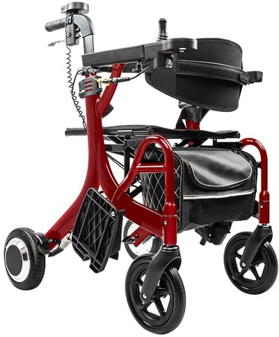 Sinceborn 3-in-1 Electric Rollator Waker with Seat,Light Weight Electric Wheelchair Walker Combo,E-Pushing Transport Wheelchair,Foldable Rollator Walker for Seniors,Adjustable Height,Red