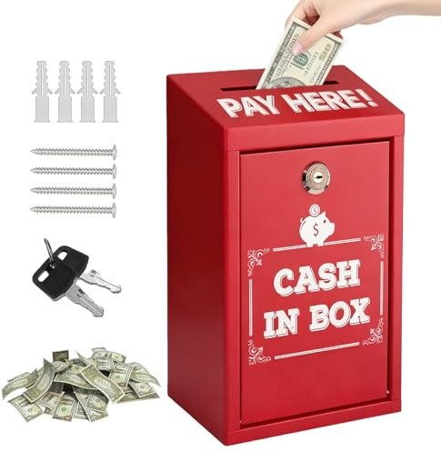 Tirelire avec clé : caisse à monnaie en métal avec clé, boîte verrouillable murale, boîte à dons, boîte à propositions sécurisée pour la maison, le bureau, la porte extérieure (rouge)