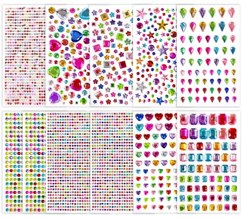 Sularpek 3822 Pcs Gem Stickers, 11 Sheets Self Adhesive Gems, Multicoloured Stick on Gems, Sticky Gems, Rhinestone Stickers, for Crafts, Scrapbooking, DIY & Face Decorations