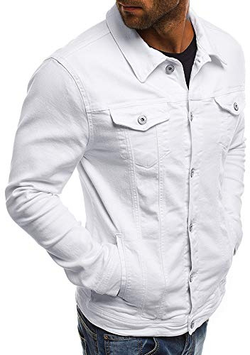 Chaqueta vaquera elástica y ajustada para hombre - Clásica chaqueta vaquera lavada con botones de cuello y manga larga con bolsillos para actividades al aire libre y uso diario, 1b-blanco, XL