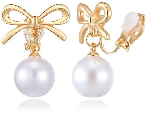 Gold Pearl Clip On Earrings for Women - Bow Long Pearl Drop Clip Earrings for Women - Lightweight Non Pierced Hoop Ear Clips for Wedding Bridal