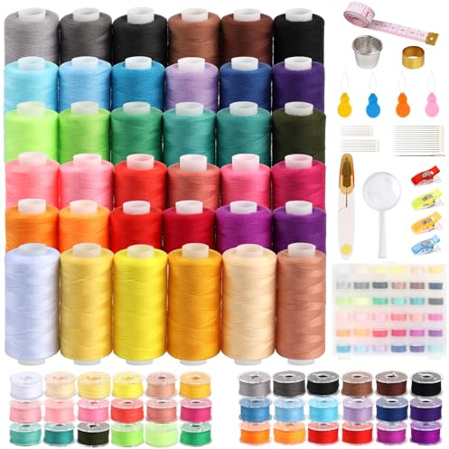 115 Stück Nähgarn Set, 36 Farben Polyester Nähgarn für Nähmaschine mit 36 Unterfadenspulen, Nähset Grundausstattung mit Schere, Maßband, Nadeln – Nähmaschinengarn für Handnähen & DIY