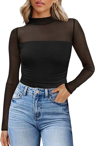 WIHOLL Women's Sheer Tops Mesh Blouses Mock Turtle Neck Long Sleeve Tops Mesh Ruched Sexy Lace Shirts Womens Tops