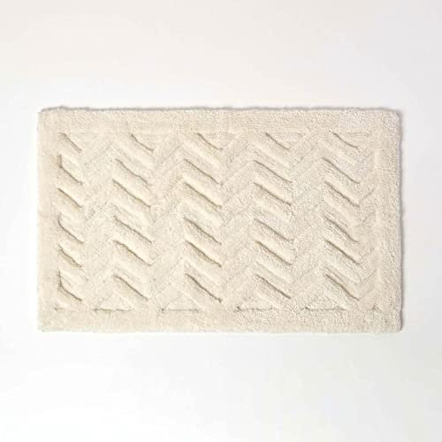 Homescapes rutschfeste Badematte, weicher Badteppich mit Hochflor und geometrischem Muster, waschbarer Badteppich aus Baumwolle und Mikrofaser, großer Duschvorleger, Anti-Rutsch, 50 x 80 cm, weiß