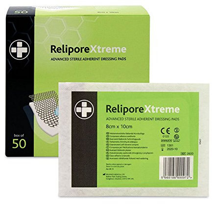 Reliance Medical Sterile Relipore Xtreme Adhesive Dressing Pads for High Exudate Wounds with Unique Absorbency Technology, 10 cm x 8 cm, Box of 50