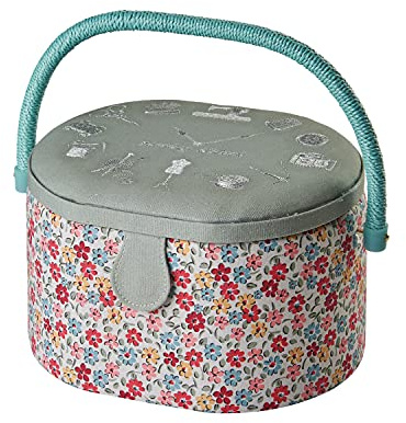 Sewing Box Oval Storage Basket | Floral Fabric | 24 x 20 x 15cm | Organiser with Compartments - GA1124M