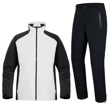 fit space Waterproof Golf Rain Suits for Men Performance Rain Jackets and Pants for All Sports (White-full-zip, Large)