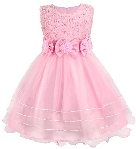 Discoball Girls Princess Dress, Rose Flower Bow Tie Party Dresses, Tulle Wedding Dress Bridesmaid Christening Elegant Formal Dresses for Girls(Pink), 6-7 Years
