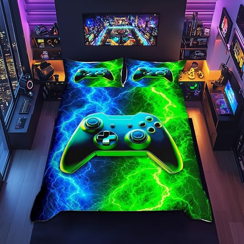Manfei Modern Gamer Duvet Cover Set Single Size, Blue-Green Lightning Gamepad Comforter Cover with 1 Pillowcase, Video Games Bedding Set 2pcs for Kids Boy Room Decor Gaming Reversible Bedspread Cover
