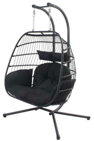 Sillón colgante de 2 plazas FARO Resina Ratán Negro | Hamaca columpio de pie, cojín grande y reposacabezas desenfundables: capullo de relajación en dúo.