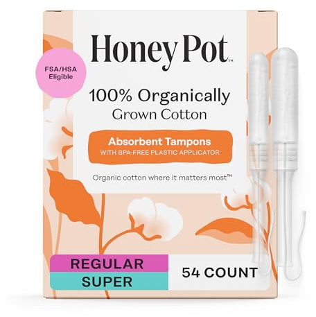 The Honey Pot Company - Multipack -100% Organic Cotton Core Tampons w/Bio Plastic Applicator - Regular & Super Absorbency - Unscented - Feminine Care - 54 Count (3 Packs of 18)