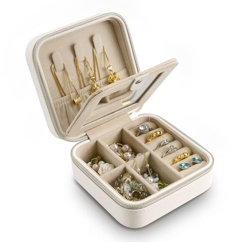 Lammcou Cofanetto Porta Gioie da Viaggio Organizer Portatile per Collane Anelli Braccialetti e Orecchini Astuccio per Gioielli in PU con Specchio per Donne travel jewelery box
