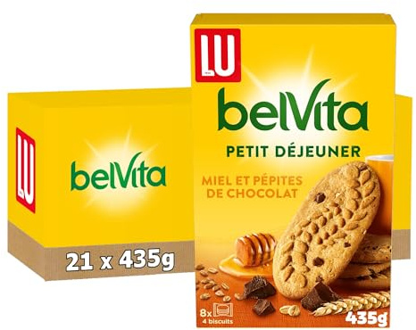 LU BELVITA - 21 Boîtes de 8 Sachets de Biscuits Belvita Miel et Pépites de Chocolat - 5 Céréales Complètes - Biscuits Petit Déjeuner Gourmands Pratiques à Emporter - Lot de 21x435g
