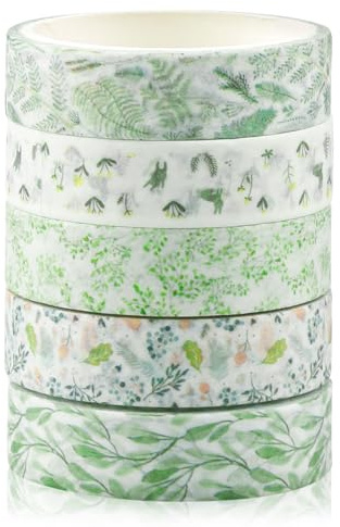 Tabanzhe Washi Tape Set-5 Rolls Decorative Tapes 10mm Wide Vine Green Leaves Grass Style Masking Tape for DIY Art Craft Bullet Journal Scrapbooking Planner Card Gift Wrapping