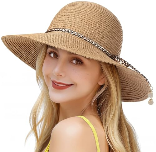 Trifabricy Straw Beach Hat for Women, UPF 50+ UV Protection Wide Brim