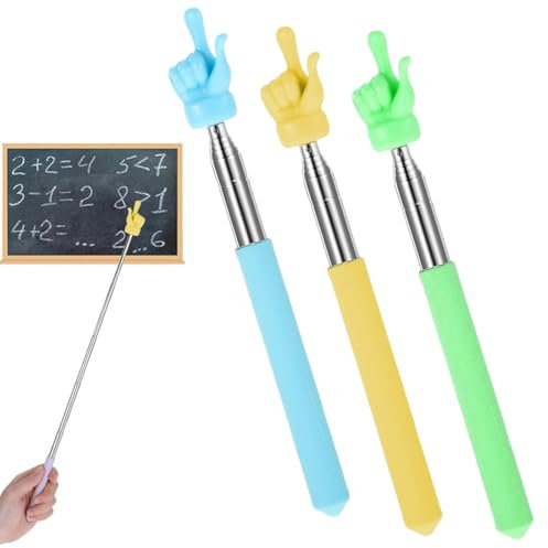 WeddHuis Puntero retráctil acero inoxidable para aulas y presentaciones, 3 unidades, profesores, de mano, de dedo, tipo palo, pointer para escuela primaria y jardín de infancia (Azul, Amarillo, Verde)