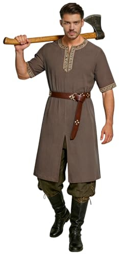 clasToonrain 2 Pcs Tunique Médiévale Homme avec Ceinture 195CM Costume Chevalier Renaissance Viking pour Halloween Fête à Thème Party Larp Dimanche de Résurrection Jour Grec Antique (Marron, M)