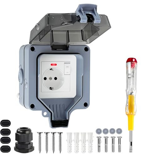 Vonsera Presa da Esterno IP66 Impermeabile, Presa Stagna da Muro con Interruttore e Spia Luminosa, Prese Singola per Esterni adatta ad Ambienti Umidi e Giardini, Grigio