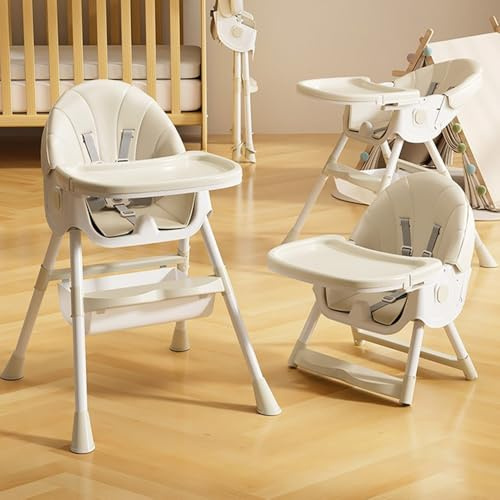 Chaise Haute pour Bébé Ergonomique, Chaise Enfant Pliable, Haute Bébé Evolutive avec Plateau Détachable, Siège de table enfant, Confortable, Inclinable, Réglage Du Dossier (Beige-4 in 1)