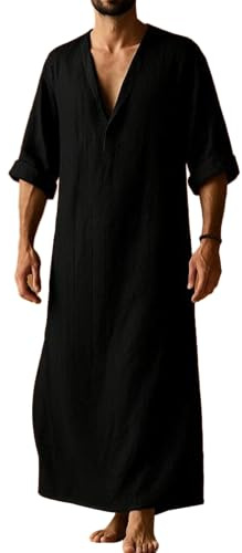 YAOHUOLE Cotton Linen Muslim Thobe for Men Long Sleeve Kaftan Robe V Neck with Functional Pockets Loose Comfortable Modest Wear Full Length Black 3XL
