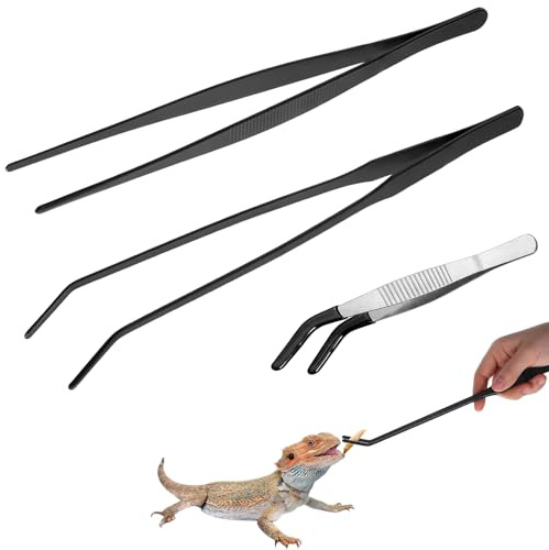 Set di 3 Pinzette per Acquario e Rettili in Acciaio Inox, Pinze Lunghe 27cm Professionali (Diritte e Curve) e Pinzetta con Punta in Gomma per Alimentazione Pesci e Rettilario, Accessori Acquario