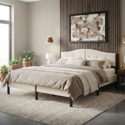 ML-Design Cama Tapizada Doble 180x200 cm Estructura con Cabecero y Somier Robusto de Láminas con Armazón de Acero y Tejido de Lino Beige, Base para Dormitorio Matrimonial Moderno