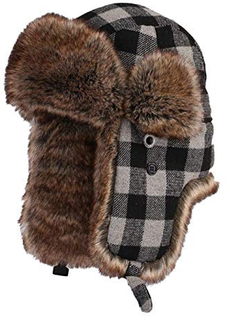 Insun Unisex Fliegermütze Warme Trappermütze Wintermütze Fellmütze Erwachsenen Winter Mütze für Herren und Damen Plaid Grau XXL Hut Umfang 60cm