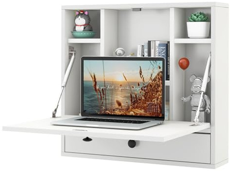COSTWAY Wall-Mounted Drop-Leaf Table, Space Saving Laptop Computer Desk Workstation, Folding Hanging Table Cabinet with Storage Drawer and Shelves, 60x15x57cm (White)