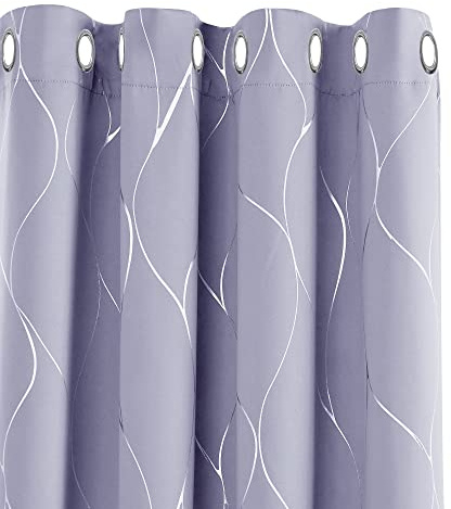 Deconovo Thermal Insulated Eyelet Blackout Curtains Silver Wave Foil Printed Curtains for Windows Light Purple W66 x L72 One Pair