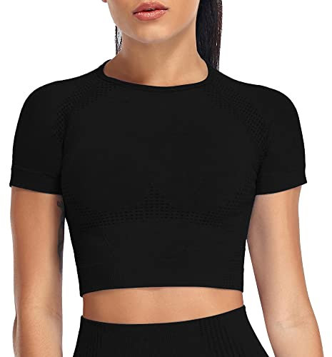 Yaavii Sport Oberteile Damen Kurzarm Gym T-Shirts Bauchfrei Crop Top Fitness Schwarz M